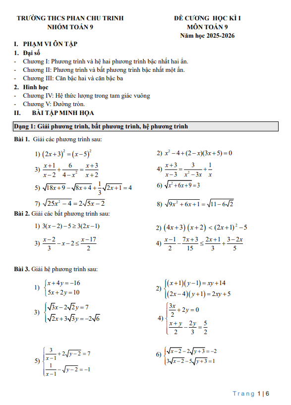 Tài liệu đề cương học kì 1 toán 9 năm 2025 – 2026 trường thcs phan chu trinh – hà nội