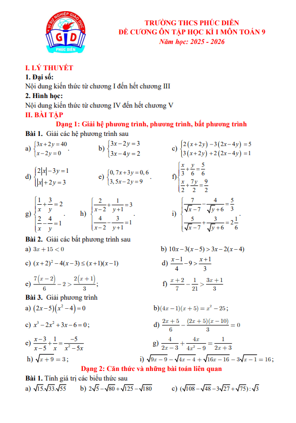 Tài liệu đề cương học kì 1 toán 9 năm 2025 – 2026 trường thcs phúc diễn – hà nội