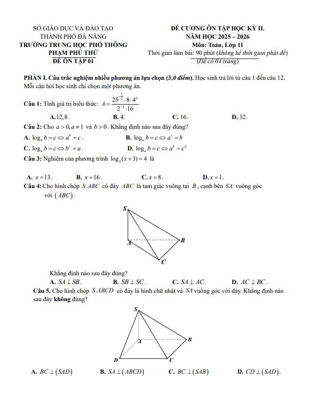 Tài liệu đề cương học kì 2 toán 11 năm 2025 – 2026 trường thpt phạm phú thứ – đà nẵng