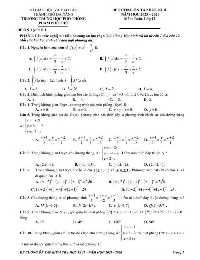 Tài liệu đề cương học kì 2 toán 12 năm 2025 – 2026 trường thpt phạm phú thứ – đà nẵng