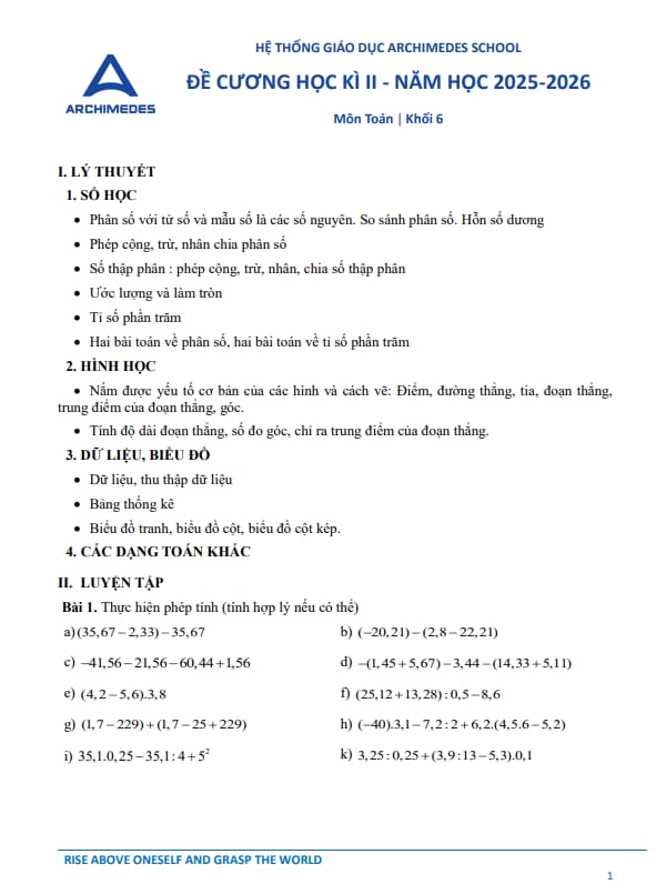 đề cương học kì 2 toán 6 năm 2025 – 2026 hệ thống gd archimedes school – hà nội