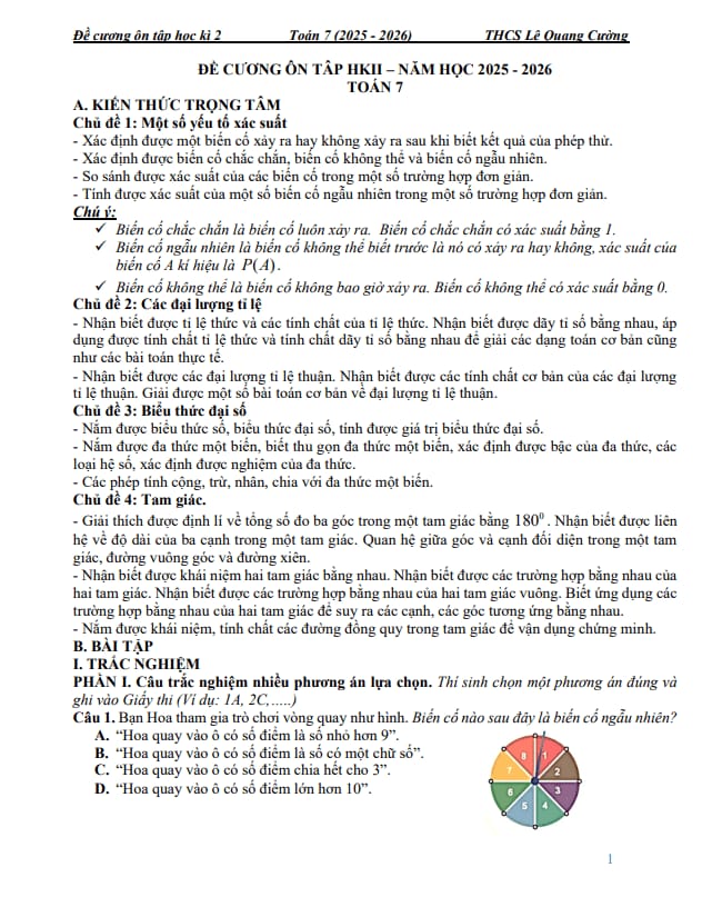 đề cương học kì 2 toán 7 năm 2025 – 2026 trường thcs lê quang cường – tp hcm