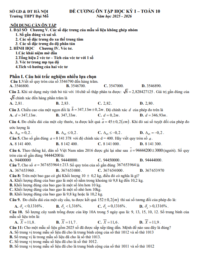 đề cương học kỳ 1 toán 10 năm 2025 – 2026 trường thpt đại mỗ – hà nội