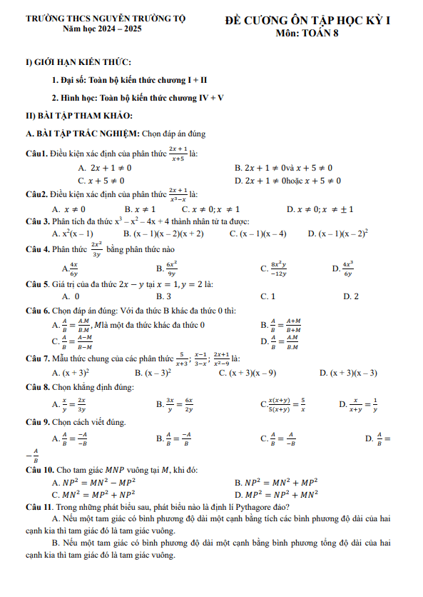 đề cương học kỳ 1 toán 8 năm 2024 – 2025 trường thcs nguyễn trường tộ – hà nội