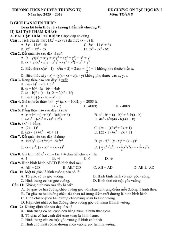 đề cương học kỳ 1 toán 8 năm 2025 – 2026 trường thcs nguyễn trường tộ – hà nội