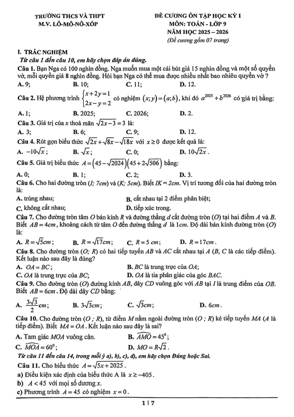 đề cương học kỳ 1 toán 9 năm 2025 – 2026 trường m.v. lômônôxốp – hà nội