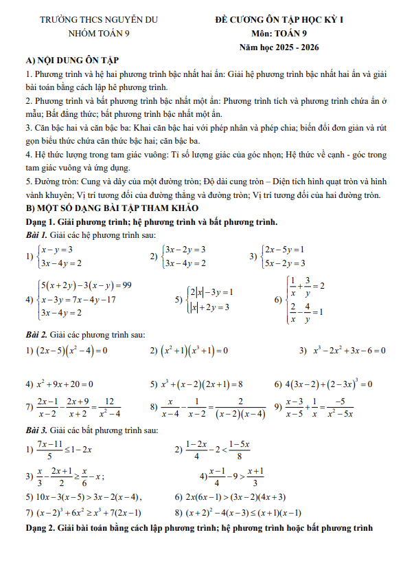 Tài liệu đề cương học kỳ 1 toán 9 năm 2025 – 2026 trường thcs nguyễn du – hà nội
