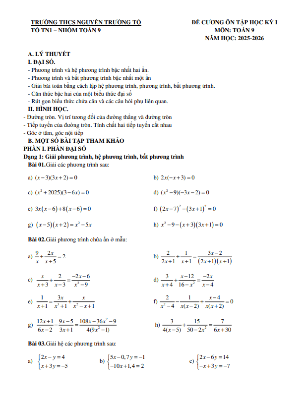 Tài liệu đề cương học kỳ 1 toán 9 năm 2025 – 2026 trường thcs nguyễn trường tộ – hà nội