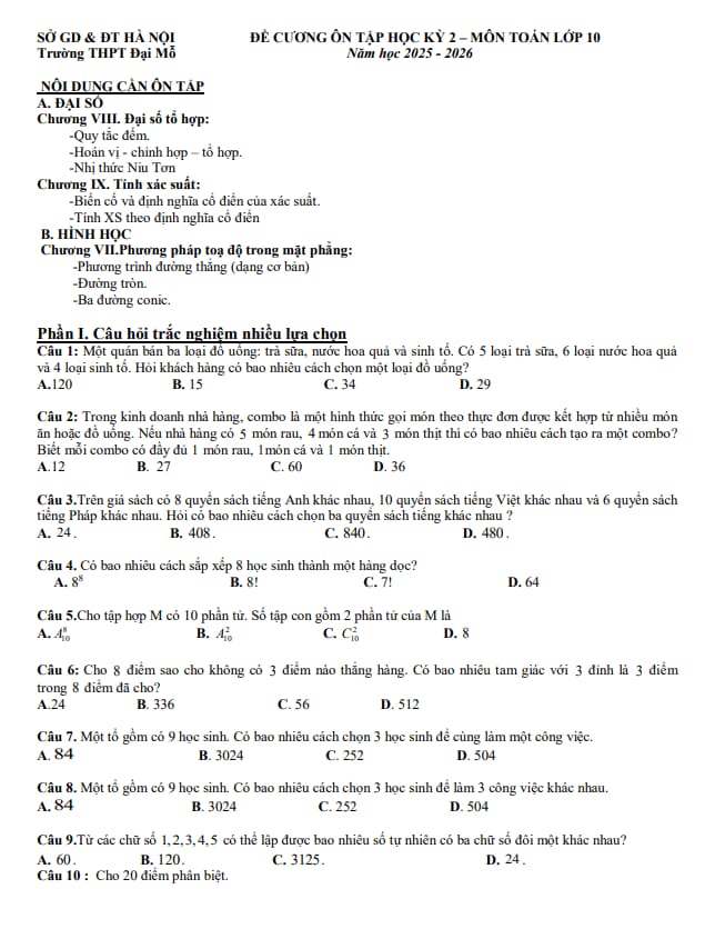 đề cương học kỳ 2 toán 10 năm 2025 – 2026 trường thpt đại mỗ – hà nội