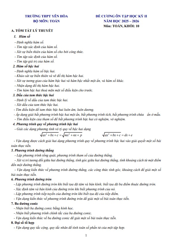 đề cương học kỳ 2 toán 10 năm 2025 – 2026 trường thpt yên hòa – hà nội