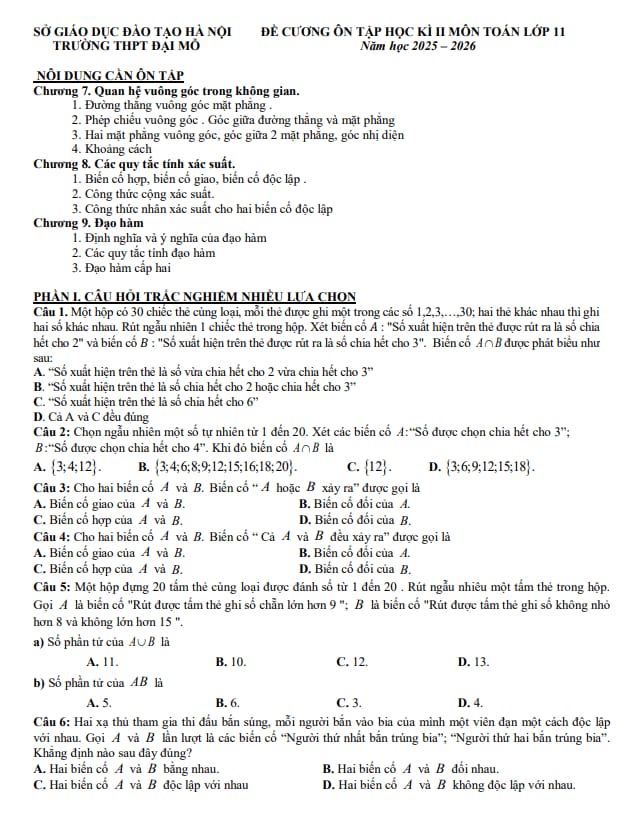 Tài liệu đề cương học kỳ 2 toán 11 năm 2025 – 2026 trường thpt đại mỗ – hà nội