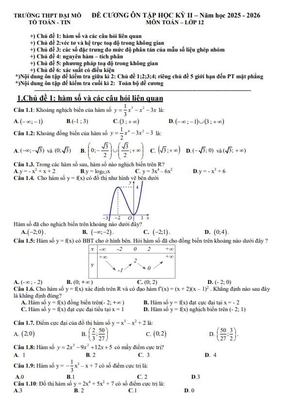 Tài liệu đề cương học kỳ 2 toán 12 năm 2025 – 2026 trường thpt đại mỗ – hà nội