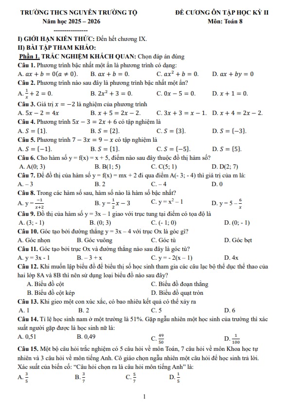 đề cương học kỳ 2 toán 8 năm 2025 – 2026 trường thcs nguyễn trường tộ – hà nội