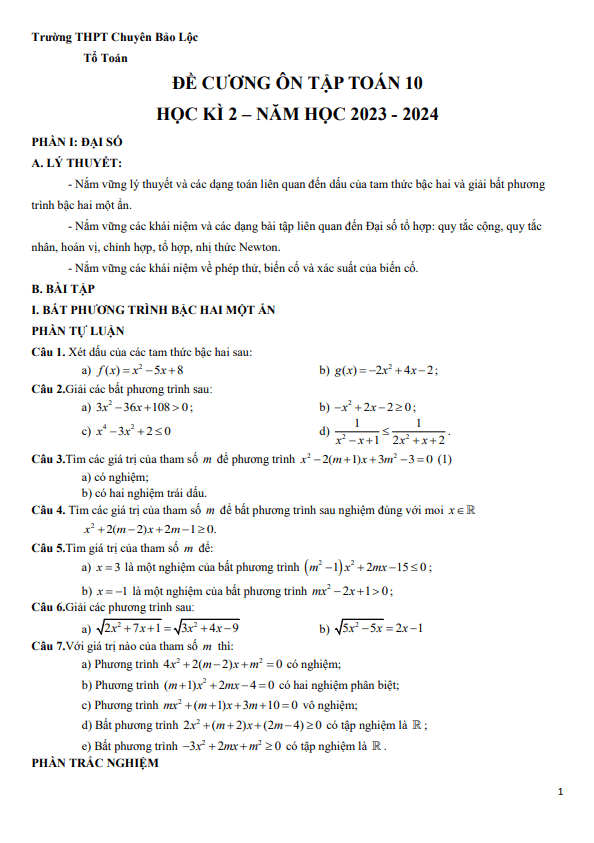 đề cương toán 10 học kì 2 năm 2023 – 2024 trường thpt chuyên bảo lộc – lâm đồng