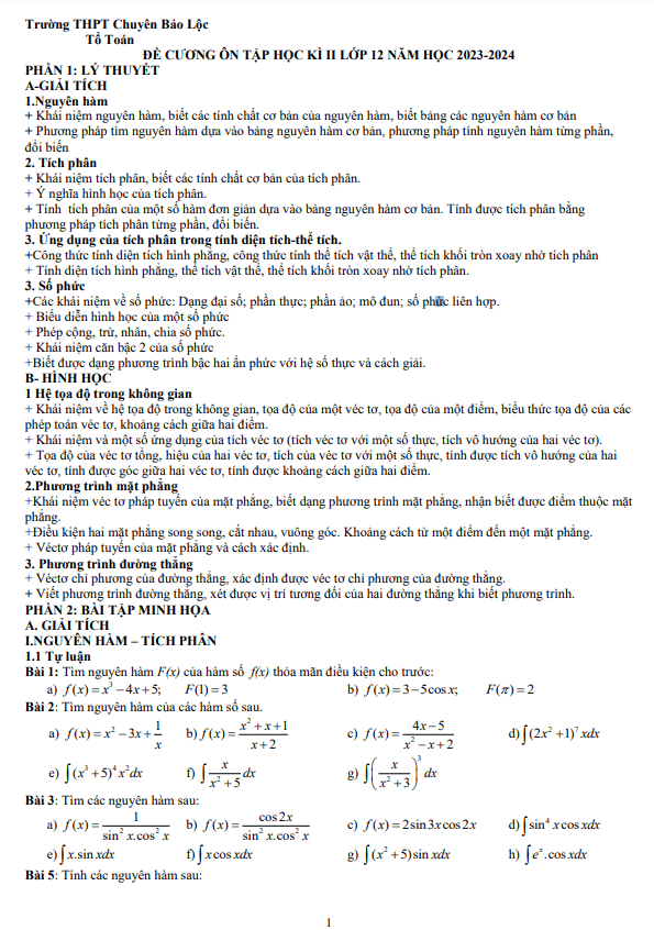 đề cương toán 12 học kì 2 năm 2023 – 2024 trường thpt chuyên bảo lộc – lâm đồng