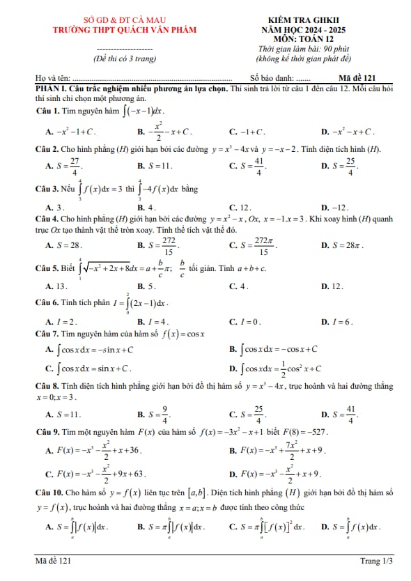 đề ghk2 toán 12 năm 2024 – 2025 trường thpt quách văn phẩm – cà mau