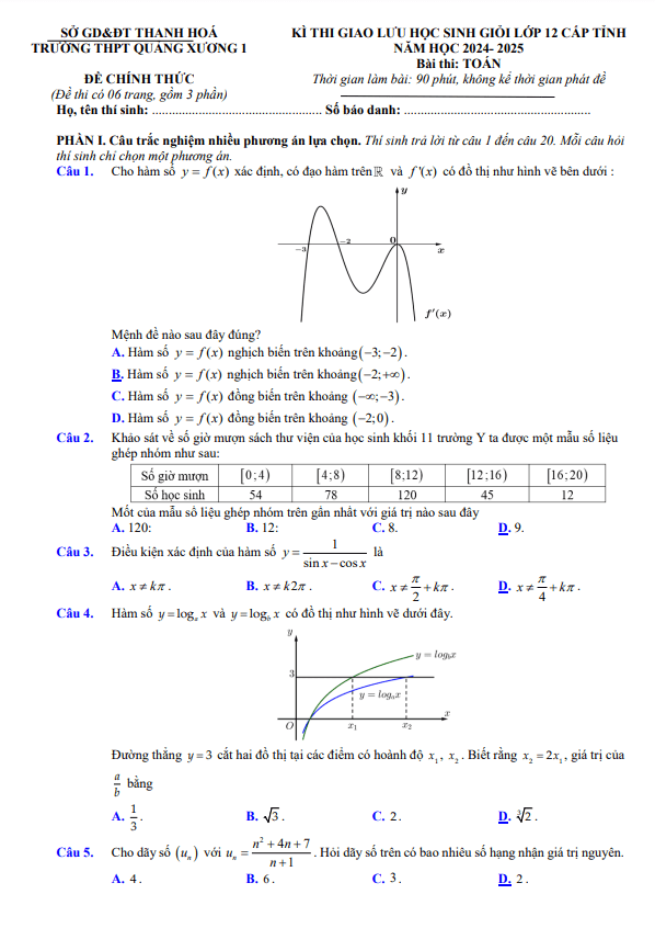 đề giao lưu hsg toán 12 năm 2024 – 2025 trường thpt quảng xương 1 – thanh hóa