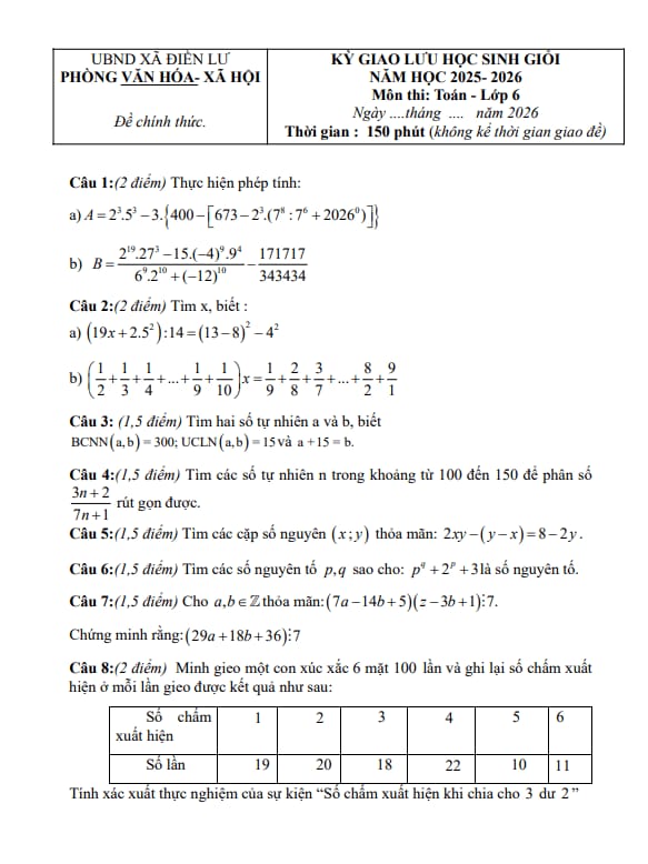 đề giao lưu hsg toán 6 năm 2025 – 2026 xã điền lư – thanh hóa