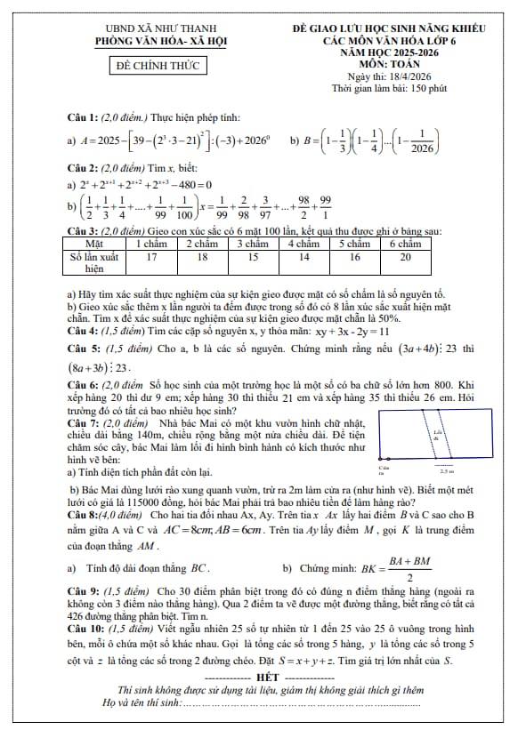 Tài liệu đề giao lưu hsnk toán 6 năm 2025 – 2026 xã như thanh – thanh hóa