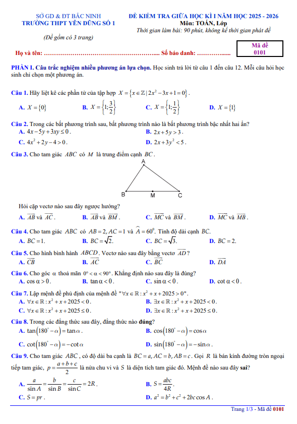 đề giữa học kì 1 toán 10 năm 2025 – 2026 trường thpt yên dũng 1 – bắc ninh