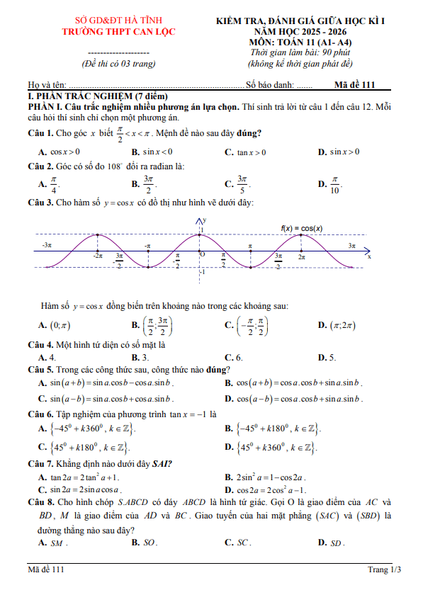 đề giữa học kì 1 toán 11 năm 2025 – 2026 trường thpt can lộc – hà tĩnh