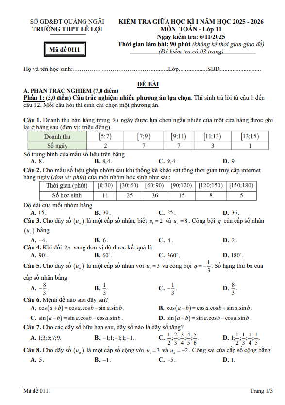 đề giữa học kì 1 toán 11 năm 2025 – 2026 trường thpt lê lợi – quảng ngãi