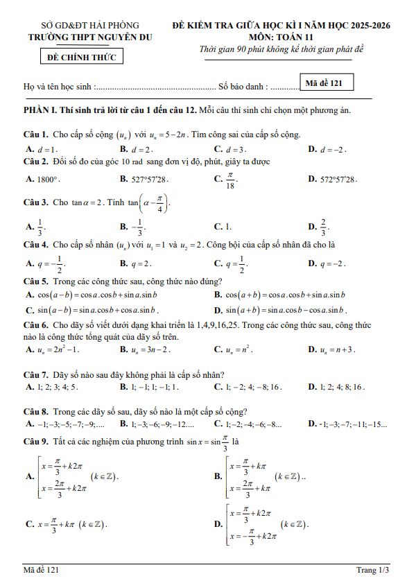 đề giữa học kì 1 toán 11 năm 2025 – 2026 trường thpt nguyễn du – hải phòng