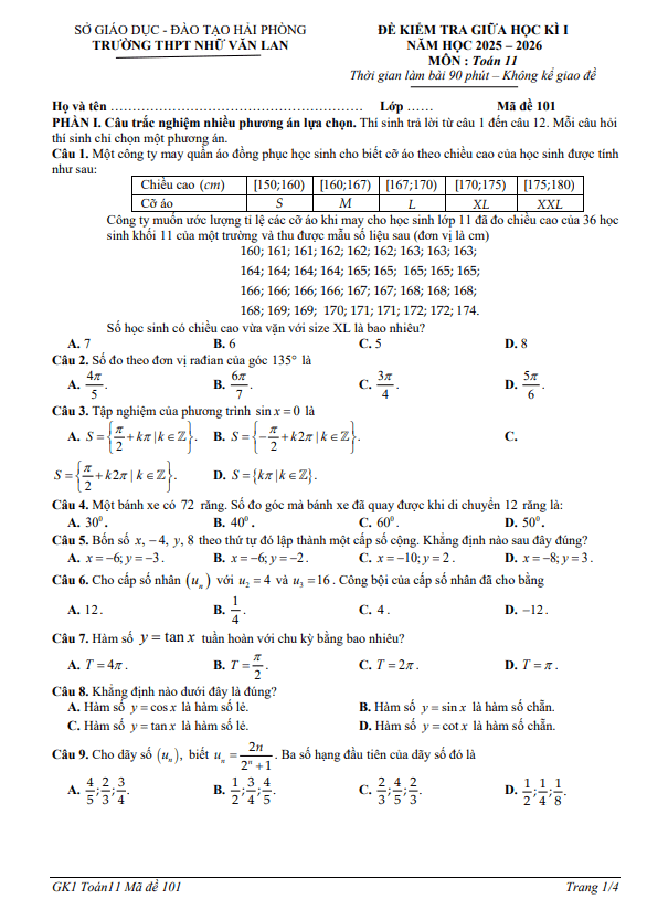 đề giữa học kì 1 toán 11 năm 2025 – 2026 trường thpt nhữ văn lan – hải phòng