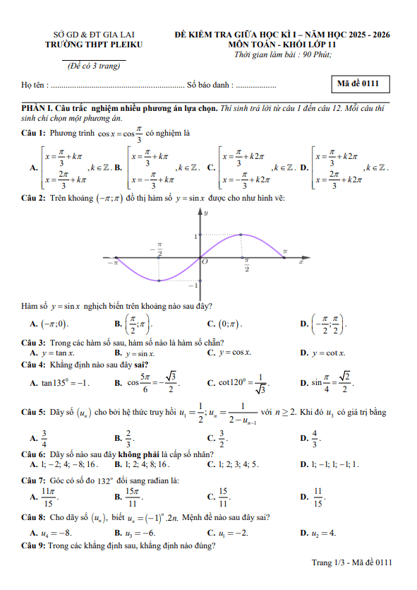đề giữa học kì 1 toán 11 năm 2025 – 2026 trường thpt pleiku – gia lai