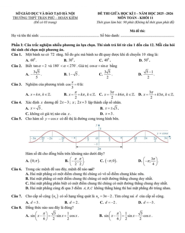 đề giữa học kì 1 toán 11 năm 2025 – 2026 trường thpt trần phú – hà nội