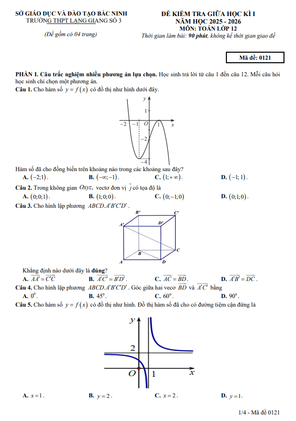 đề giữa học kì 1 toán 12 năm 2025 – 2026 trường thpt lạng giang 3 – bắc ninh
