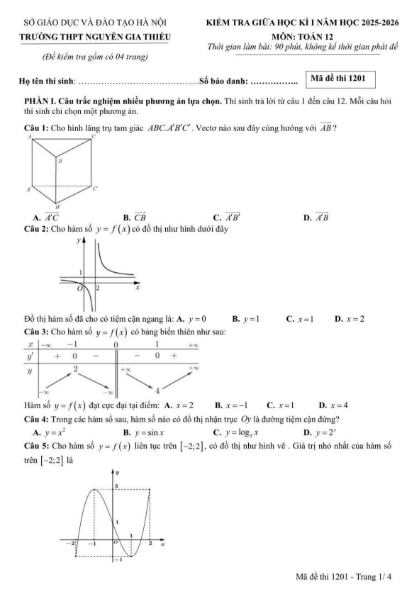 đề giữa học kì 1 toán 12 năm 2025 – 2026 trường thpt nguyễn gia thiều – hà nội