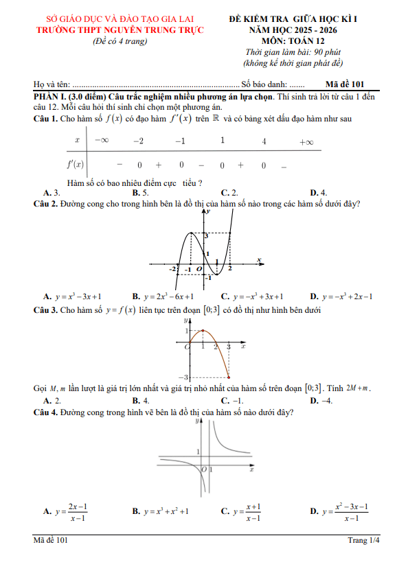 đề giữa học kì 1 toán 12 năm 2025 – 2026 trường thpt nguyễn trung trực – gia lai