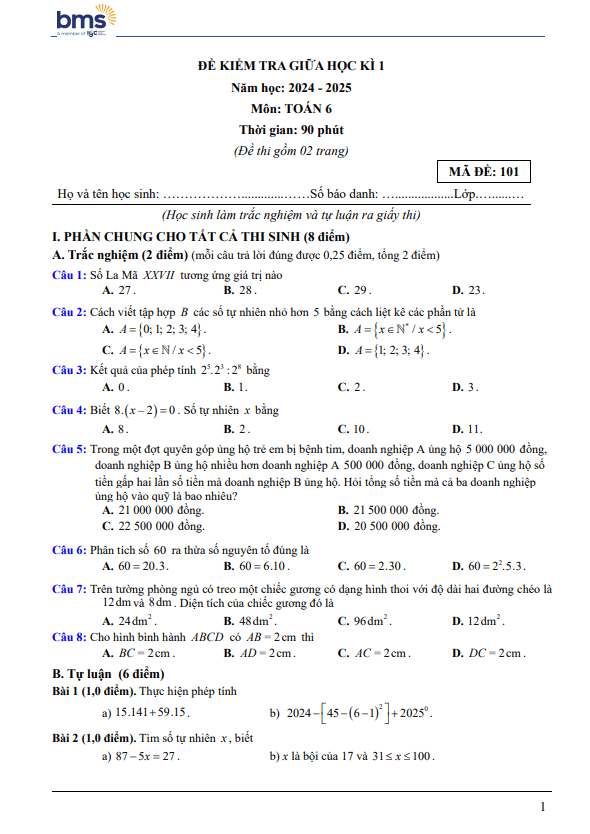 đề giữa học kì 1 toán 6 năm 2024 – 2025 trường ban mai school – hà nội