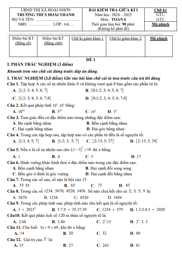 đề giữa học kì 1 toán 6 năm 2024 – 2025 trường thcs hoài thanh – bình định
