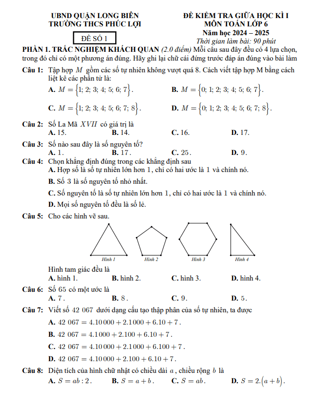 đề giữa học kì 1 toán 6 năm 2024 – 2025 trường thcs phúc lợi – hà nội