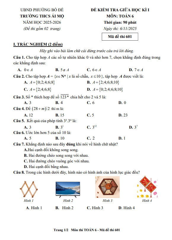 Tài liệu đề giữa học kì 1 toán 6 năm 2025 – 2026 trường thcs ái mộ – hà nội