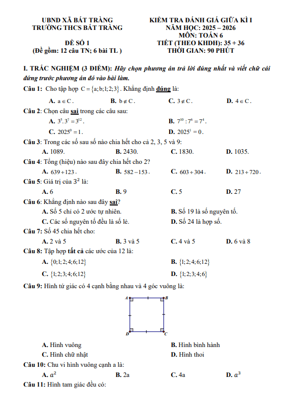 Tài liệu đề giữa học kì 1 toán 6 năm 2025 – 2026 trường thcs bát tràng – hà nội