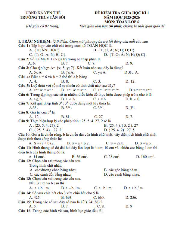 đề giữa học kì 1 toán 6 năm 2025 – 2026 trường thcs tân sỏi – bắc ninh