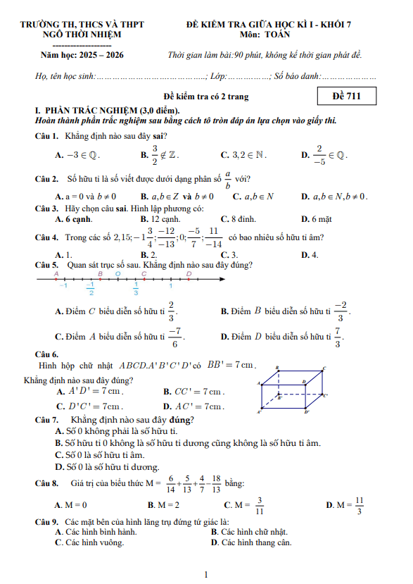 đề giữa học kì 1 toán 7 năm 2025 – 2026 trường ngô thời nhiệm – tp hcm