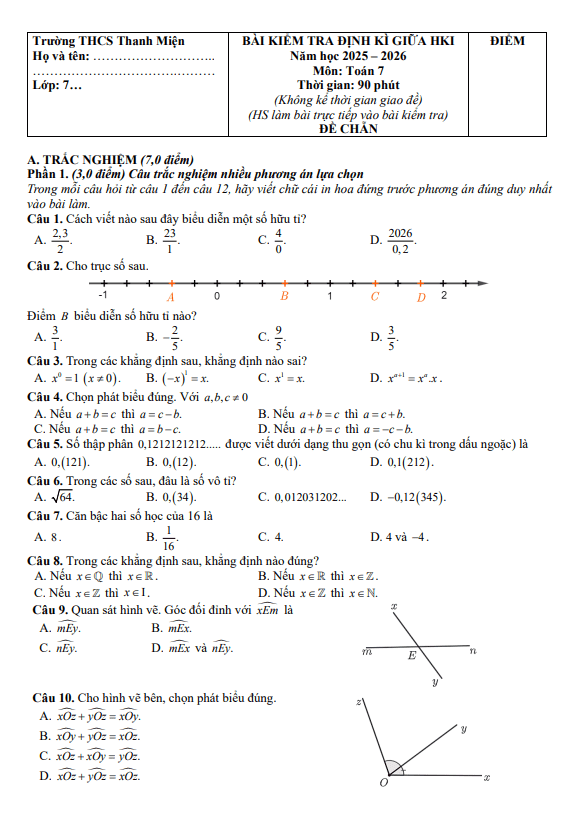 đề giữa học kì 1 toán 7 năm 2025 – 2026 trường thcs thanh miện – hải phòng