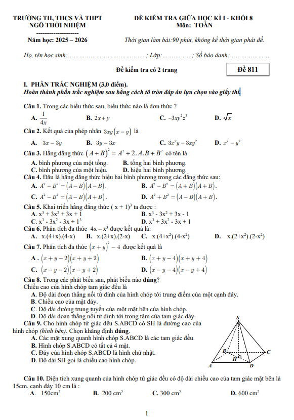 đề giữa học kì 1 toán 8 năm 2025 – 2026 trường ngô thời nhiệm – tp hcm