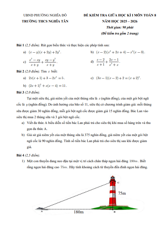 đề giữa học kì 1 toán 8 năm 2025 – 2026 trường thcs nghĩa tân – hà nội