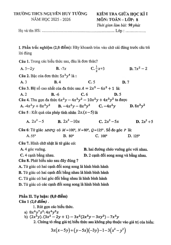 đề giữa học kì 1 toán 8 năm 2025 – 2026 trường thcs nguyễn huy tưởng – hà nội