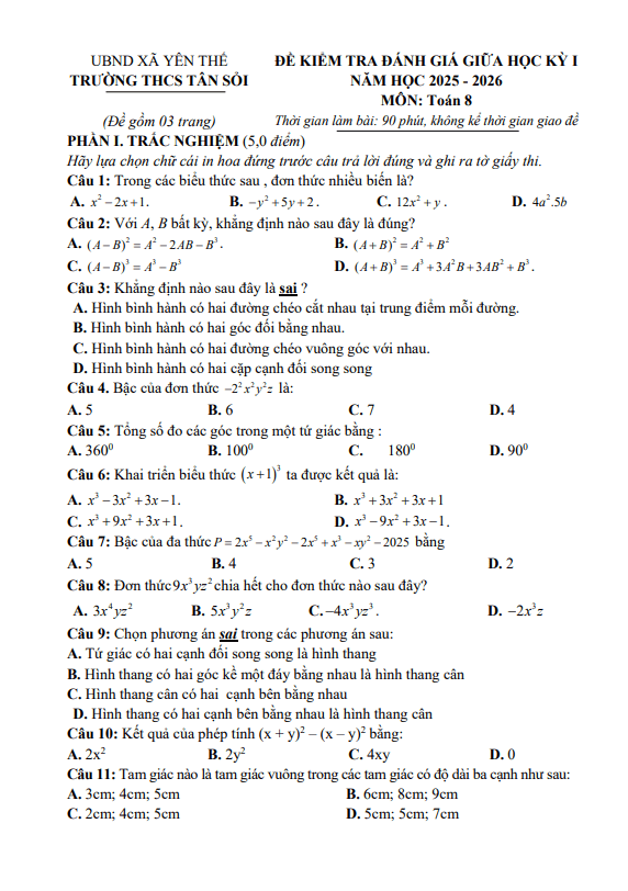 đề giữa học kì 1 toán 8 năm 2025 – 2026 trường thcs tân sỏi – bắc ninh