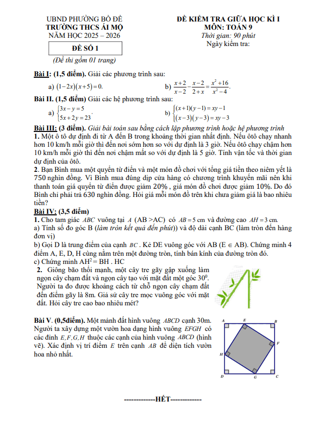 Tài liệu đề giữa học kì 1 toán 9 năm 2025 – 2026 trường thcs ái mộ – hà nội