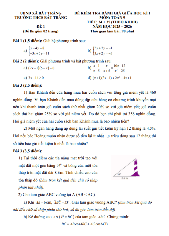 Tài liệu đề giữa học kì 1 toán 9 năm 2025 – 2026 trường thcs bát tràng – hà nội