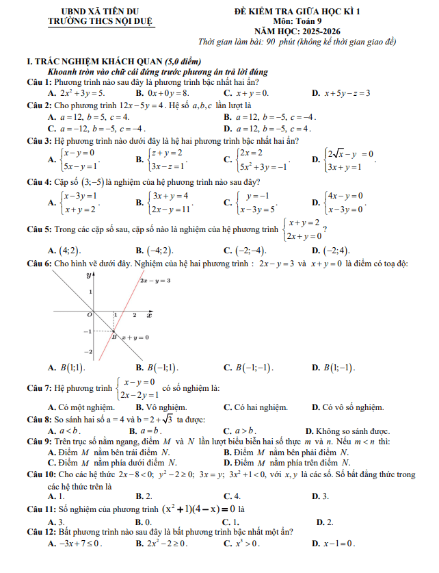 đề giữa học kì 1 toán 9 năm 2025 – 2026 trường thcs nội duệ – bắc ninh