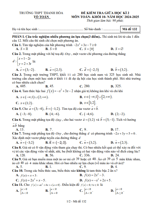 đề giữa học kì 2 toán 10 năm 2024 – 2025 trường thpt thanh hòa – bình phước