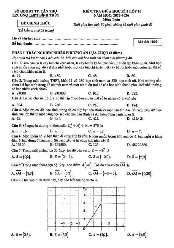 Tài liệu đề giữa học kì 2 toán 10 năm 2025 – 2026 trường thpt bình thủy – cần thơ